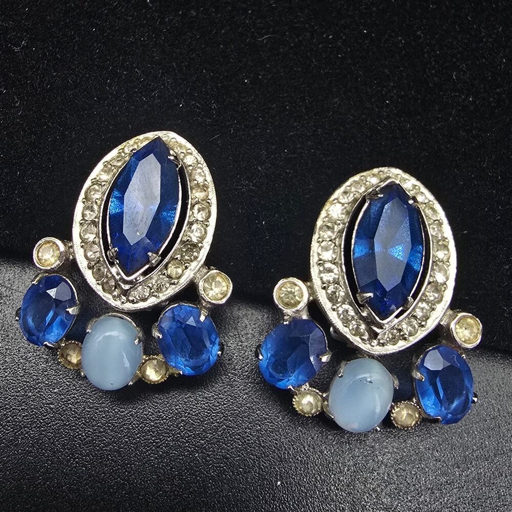 Blue Rhinestone Clip On Earrings Silver Tone Vintage Costume Jewelry